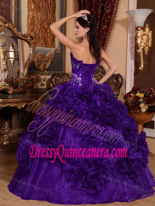 Pretty Purple Strapless Quinceanera Dress with Appliques and Rolling Flowers