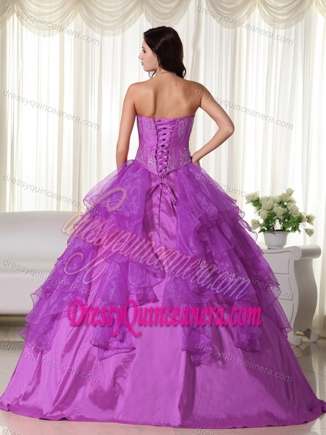Purple Sweetheart Organza Quinceanera Dresses with Embroidery for Cheap
