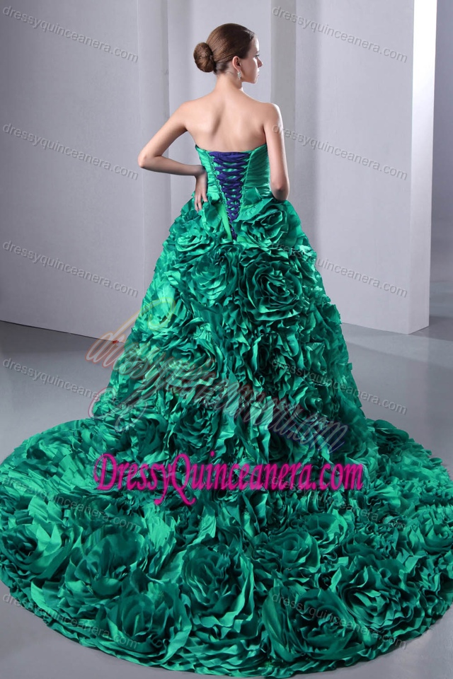 Sweetheart Taffeta Ruched Quinceanea Dress with with Hand Made Flowers