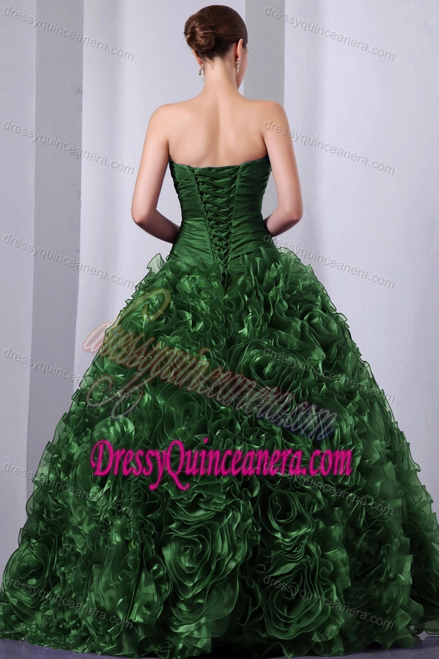 Green Strapless Organza Beaded Quinceanea Dress with Hand Made Flowers