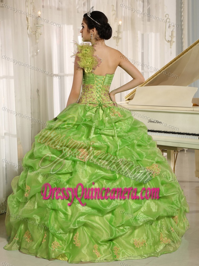 Spring Green One Shoulder Quinceaners Dress with Embroidery and Pick-ups