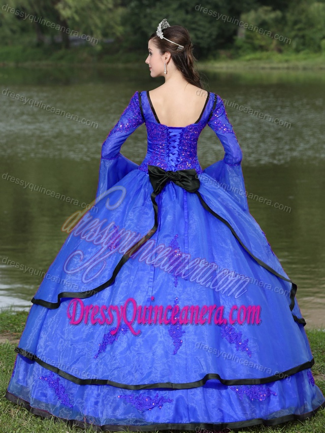 The Most Popular Long Sleeves Appliques Decorated Blue Quinceanera Dress