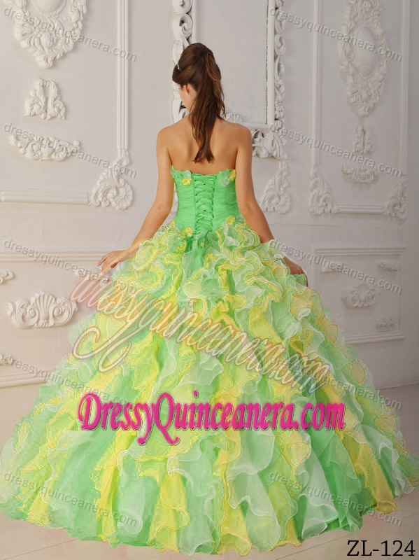 Nice Multi-Color Organza Sweet 15 Dresses with Hand Flowers and Ruffles