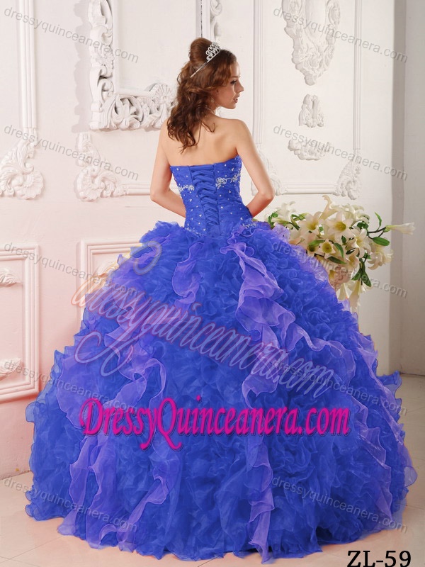 Royal Blue Organza Quinceanera Gown Dress with Appliques and Beading