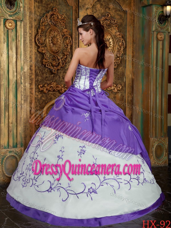 Classical Eggplant Purple Strapless Embroidery Satin Quinceanera Dress