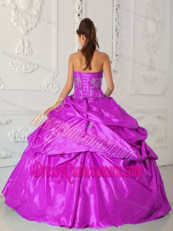 Fuchsia Taffeta Ruched Quinceaneras Dress with Appliques and Pick-ups