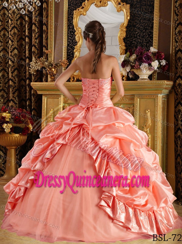 Classy Watermelon Taffeta and Tulle Strapless Beaded Quinceanera Gowns