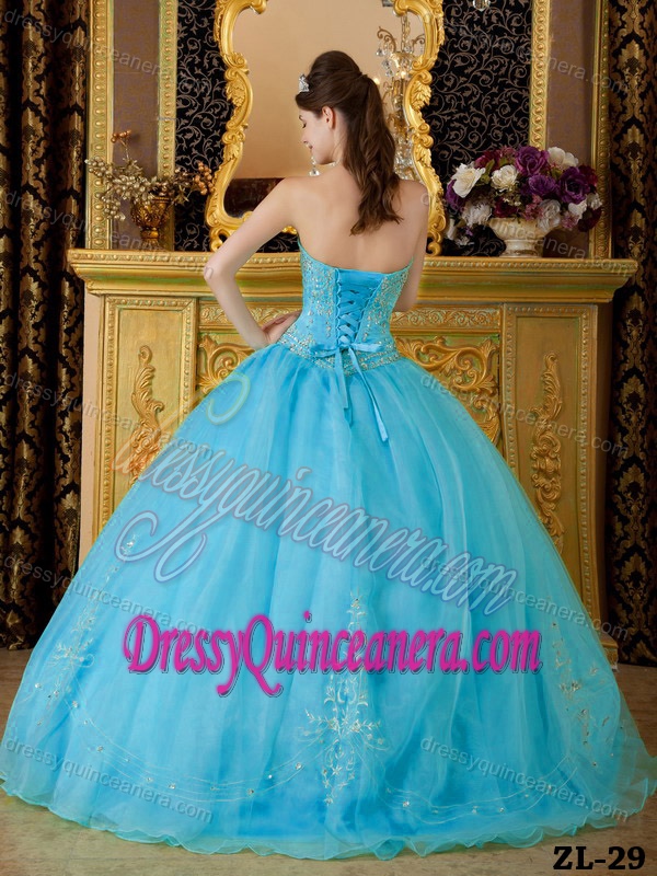 Low Price Aqua Blue Strapless Organza Quinceanera Gown with Beading
