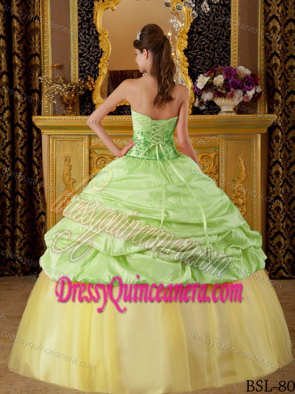 Nice Green and Yellow Strapless Beaded Quince Dress in Taffeta and Tulle