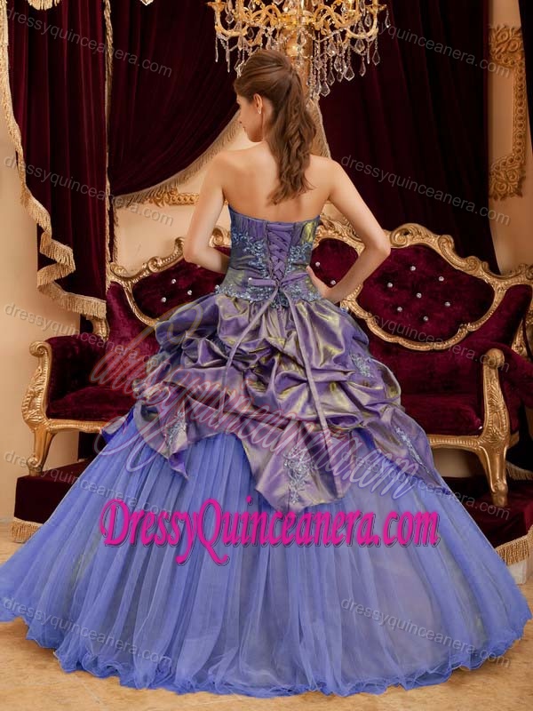 Strapless Taffeta and Tulle Beaded Quinces Dress in Purple with Appliques