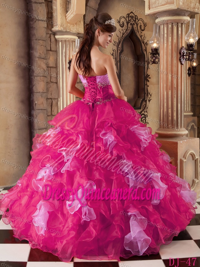 Hot Pink Strapless Organza Beaded and Ruffled Sweet 16 Quinceanera Dress