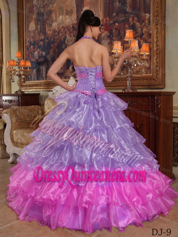 Wholesale Price Halter Organza Beaded Sweet Sixteen Dresses in Lavender