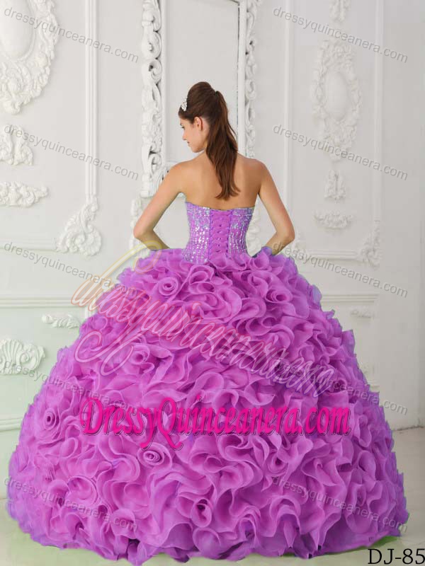 Lavender Strapless Organza Quinceaneras Dress with Beading and Ruffles