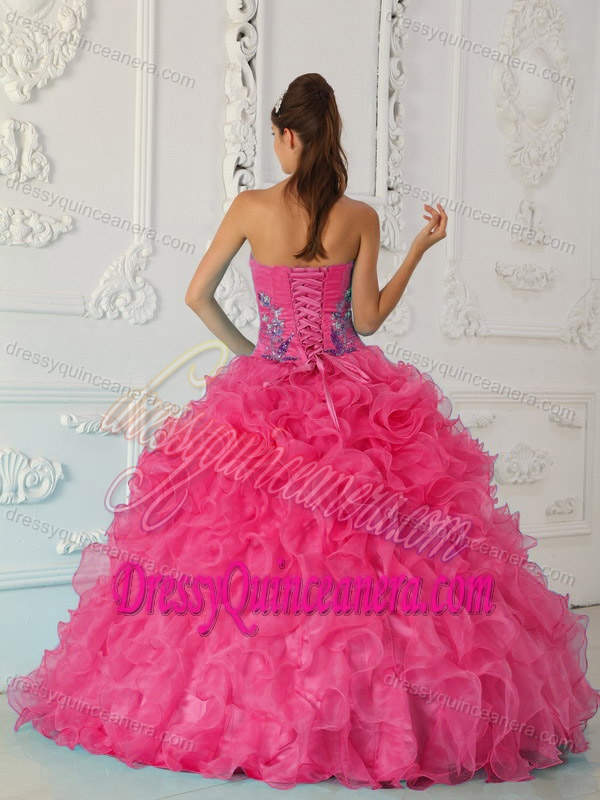 Exquisite Strapless Satin Beaded Embroidery Quinceanera Dress in Hot Pink