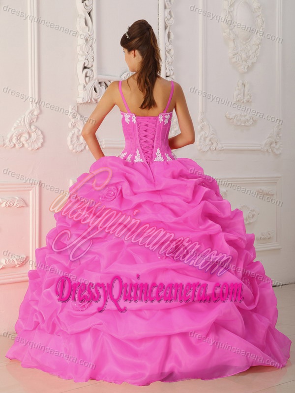 Hot Pink Satin and Organza Quinceanera Dress with Appliques and Pick-ups
