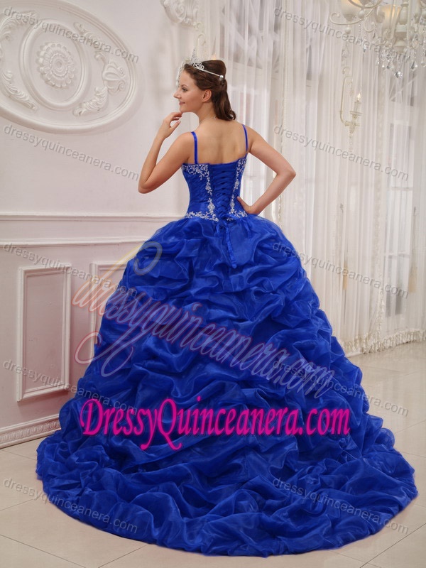 Royal Blue Spaghetti Straps Court Train Organza Beaded Dress for Quince