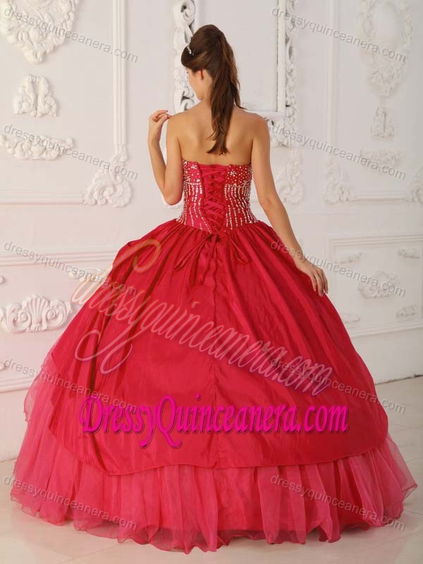 Nice Red Strapless Organza and Taffeta Beaded Quinces Dress with Lace-up