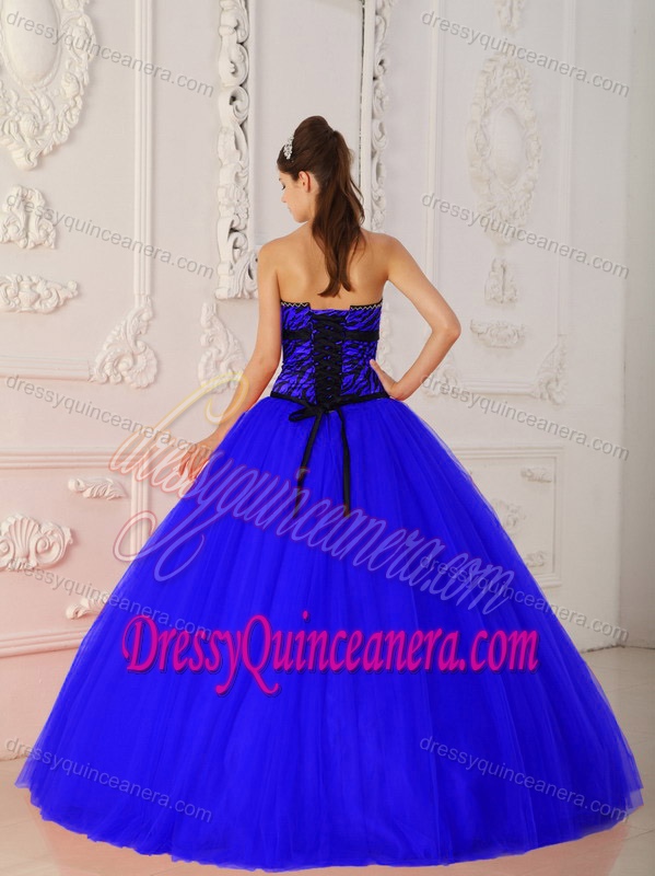 A-line Strapless Tulle and Zebra Dress for Quinceanera with Beading in Blue