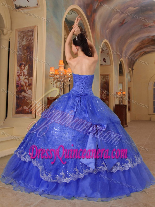 Customize Blue Strapless Dress for Quince with Bows in Sequins and Organza