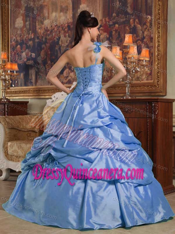 Blue One Shoulder Taffeta Sweet 15 Dresses with Beading and Handle Flower