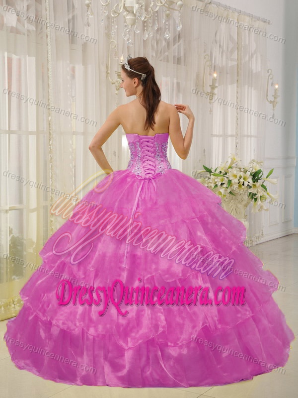 Fuchsia Strapless Quinceaneras Dress in Taffeta and Organza with Beading