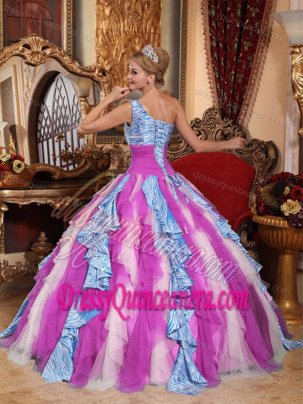 Multi-color One Shoulder Ruffled Tulle and Zebra Quince Dress with Lace-up