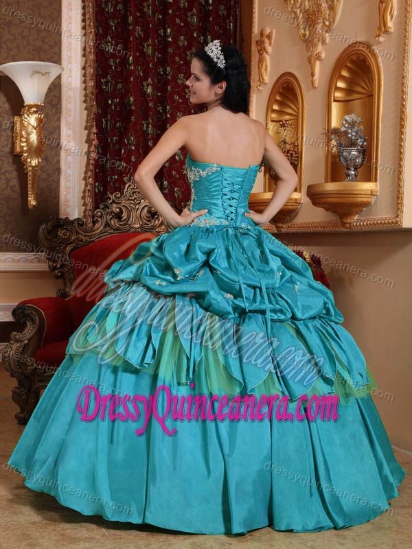 Teal Strapless Quinceanera Dresses with in Taffeta Appliques and Pick-ups