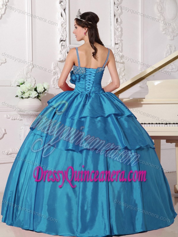 Teal Straps Taffeta Quinceanera Dress with Beading and Hand Made Flower
