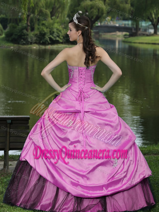 Custom Made Beaded Quince Gown Dresses with Appliques in Hot Pink and Black