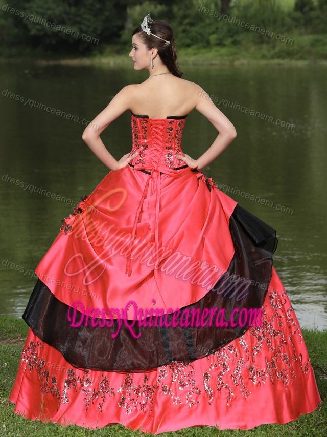 Flamingo Red Sweet 16 Quince Dresses with Hand Made Flowers and Embroidery