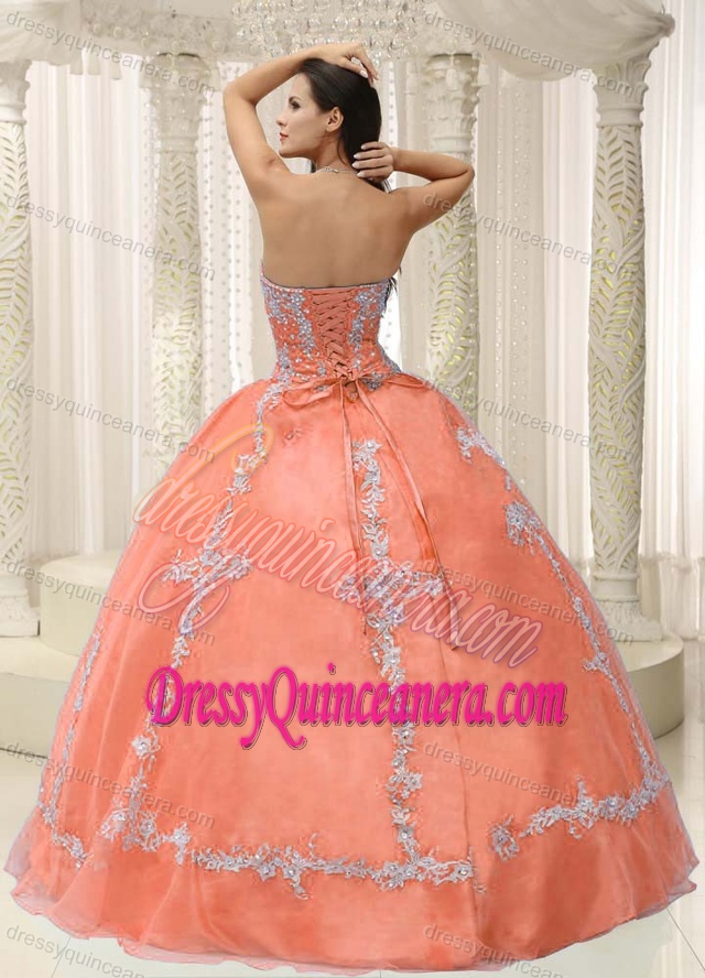 Sweetheart Beading Quince Dresses with White Appliques in Orange on Promotion