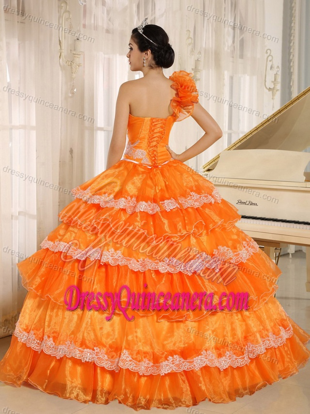 One Shoulder Sweetheart Orange Quince Gown with Ruffled Layers and Appliques