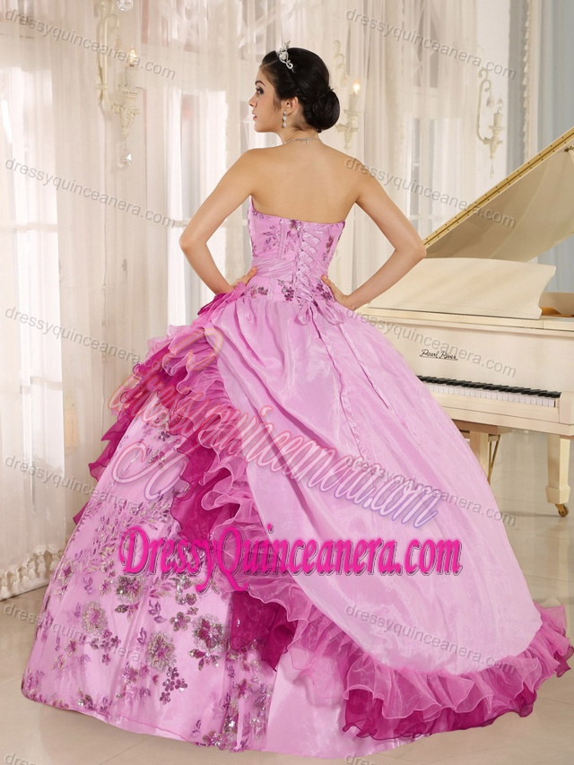 Pink and Fuchsia Ruffed Sweet 16 Dress with Embroidery and Hand Made Flower