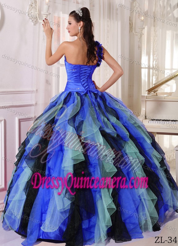 Multi-color One Shoulder Organza Beading and Ruffles Dress for Quinceanera