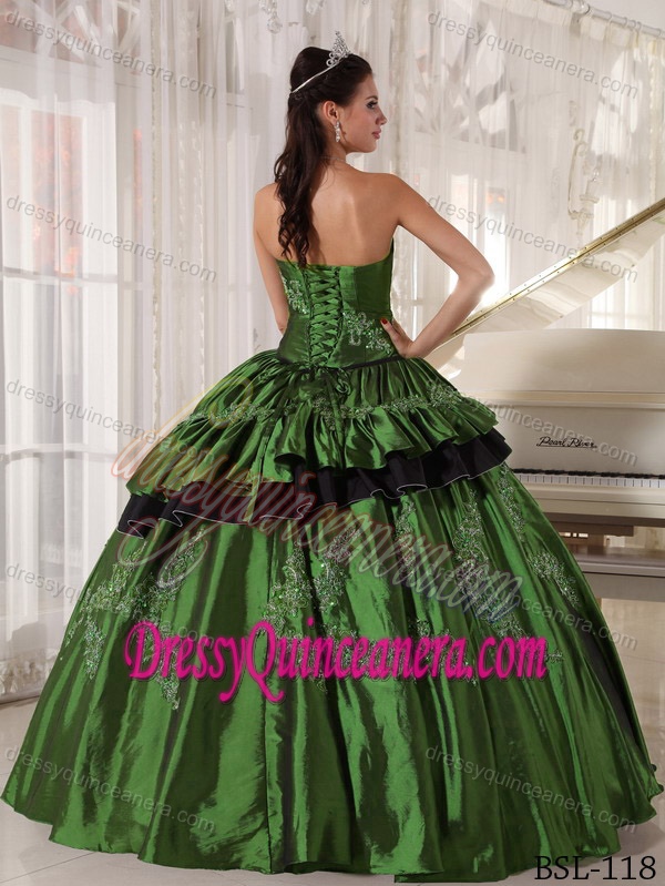 Strapless Taffeta Beading and Appliques Quinceanera Dresses in Dark Green