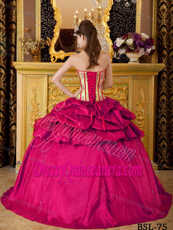 Rose Pink and Gold Strapless Appliques Taffeta Pick-ups Quinceanera Dress