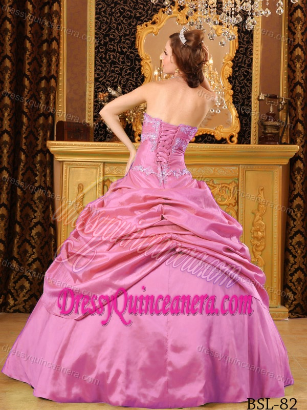 Discount Strapless Taffeta Beading Pink Appliques Quinceanera Gown Dress