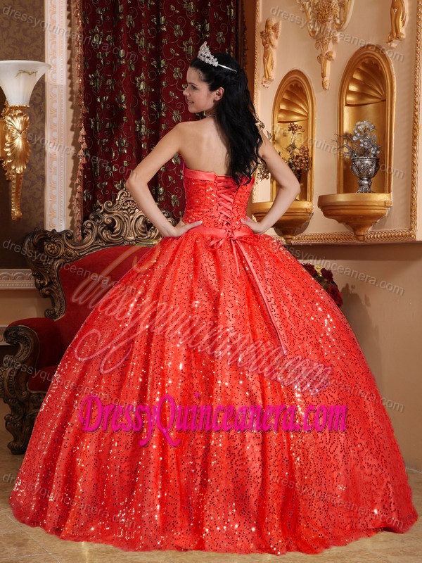 Glimmering Sequin and Beading Strapless Quinceanera Dress in Orange Red