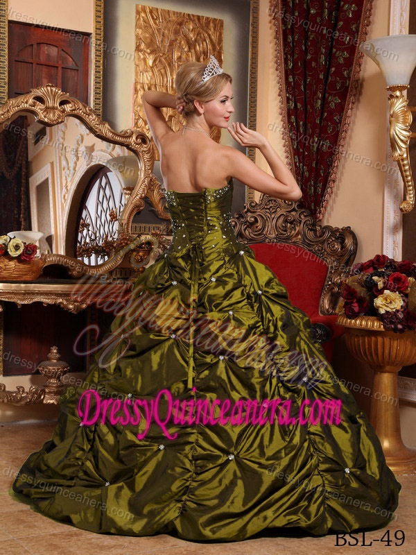 A-line Strapless Taffeta Olive Green Sweet 15 Dresses with Beading and Pick-ups