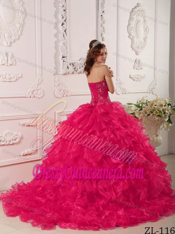 Best Hot Pink Strapless Organza Ruffled Quinceanera Dress with Sweep Train