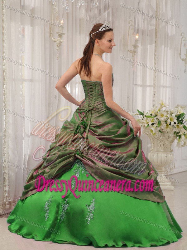 Latest Strapless Taffeta Quince Dress with Appliques and Beading in Green