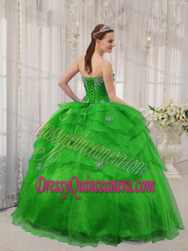 Spring Green Strapless Organza Appliqued and Beaded Quinceanera Dress