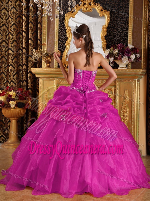 Sweetheart Organza Sweet 15 Dress with Appliques and Beading in Fuchsia