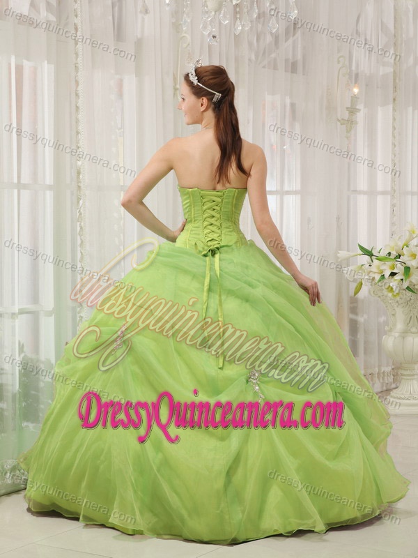 Yellow Green Sweetheart Organza Quinceanera Gown with Appliques on Sale