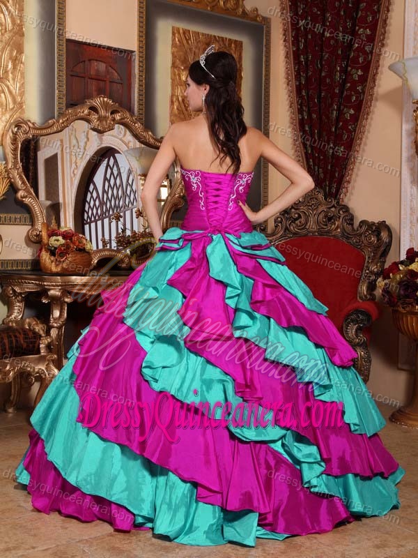 Cheap Multi-color and Red Strapless Embroidery Quince Dresses in Taffeta