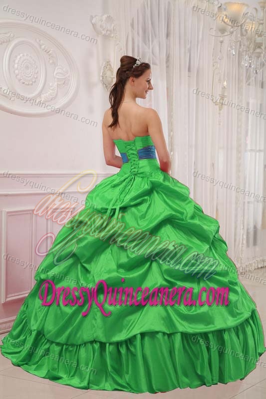 Green and Blue Strapless Taffeta Quinceanera Dress with Beading and Ruche