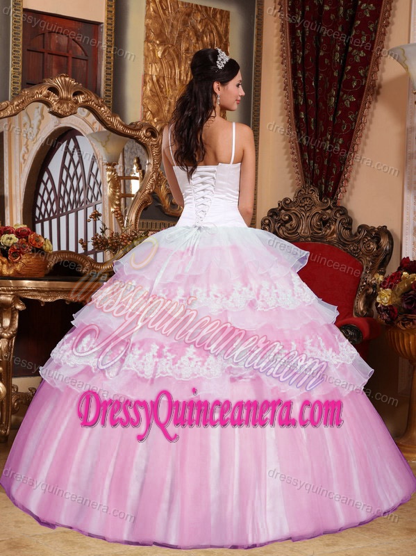 Pink Spaghetti Straps Organza Quinces Dresses with Lace Appliques on Sale