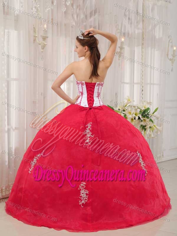 White and Coral Red Taffeta and Organza Appliques Quinceanera Dresses
