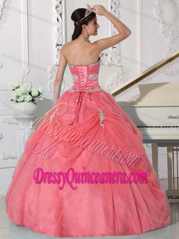 Watermelon Taffeta and Organza Sweet 16 Dress with Appliques and Flower