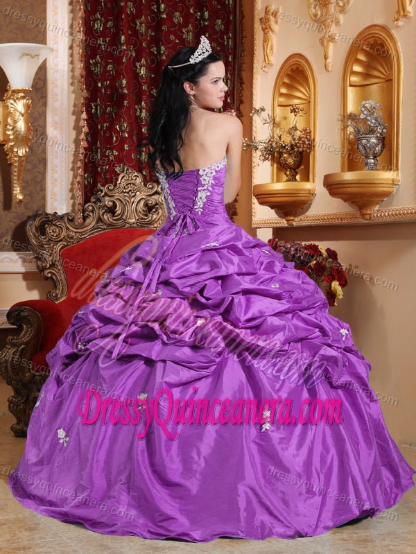 Fitted Lavender Strapless Taffeta Sweet 15 Dresses with Appliques Pick-ups